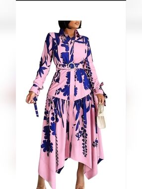 NWT Womens Pink and Navy Floral Button-Front Shirt Dress